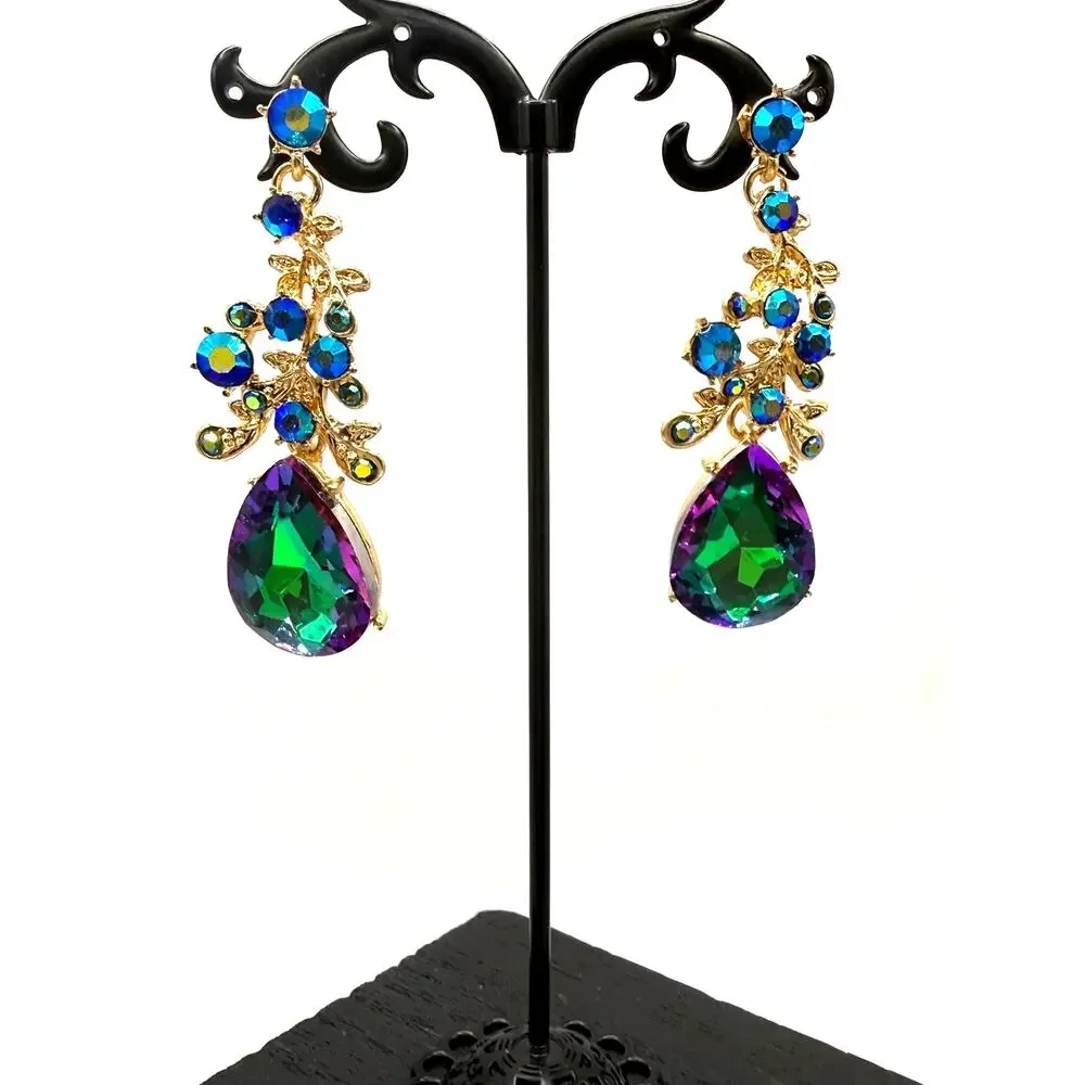 Aurora Borealis Blue and Green Statement Pierced Earrings